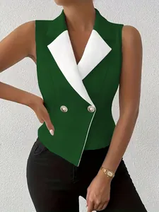 Sleeveless slim-fit blazer vest with contrast white lapel and double gold buttons