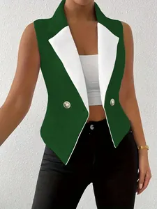 Detailed view of the white contrast lapel and gold buttons on a green slim fit vest