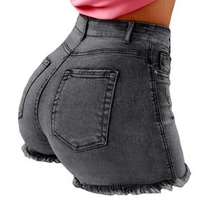 Grijze denim shorts met hoge taille gerafelde zoom en een slanke pasvorm voor dames