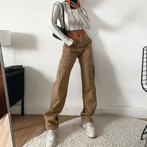 Pantalon cargo kaki mode urbaine pour femme à taille haute et poches multiples