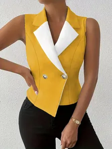 Elegant slim fit sleeveless yellow blazer vest with white contrast notch lapel detail
