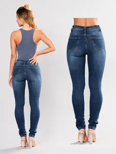 High-waist dark blue skinny denim jeans for women with slim-fit back pocket detail