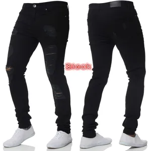 Front and back view of men's slim black ripped jeans with high waist