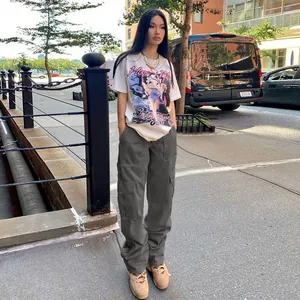 Women's street style grey cargo pants with multi-pockets and high-waisted loose fit.