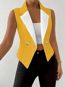 Close-up of summer slim sleeveless blazer vest with lapel and double buttons