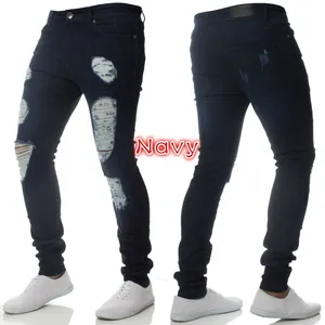Vista frontale e posteriore dettagliata di jeans slim fit blu navy strappati da uomo
