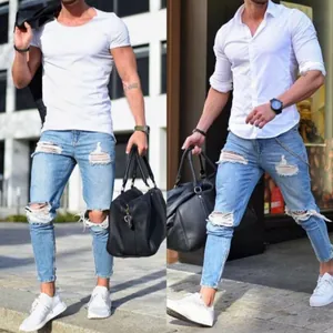Men Skinny Ripped Jeans Light Blue Distressed Denim Pencil Pants Streetwear Slim Fit Trousers With Ankle Zipper For Daily Wear