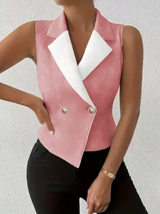 Detail of pink sleeveless blazer vest with white lapel and gold buttons