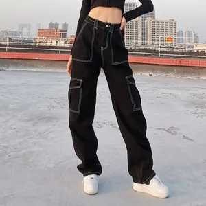 Stylish black high-waisted cargo pants with white contrast stitching and multi-pocket design