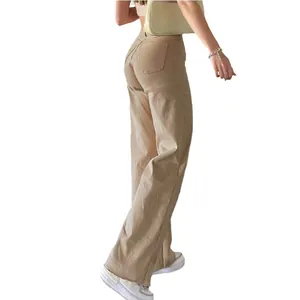 Jean large à taille haute kaki pour femme avec une coupe droite et décontractée élégante