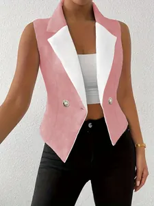 Close-up detail view of pink and white slim fit sleeveless blazer vest for women