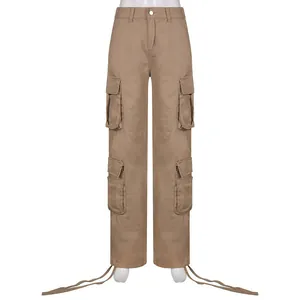 Khaki high-waisted wide-leg cargo pants featuring multi-pocket detail and drawstring hem