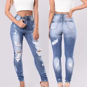 Women High Waist Skinny Jeans Ripped Light Blue Denim Pants Slim Fit Stretchy Casual Trousers Fashion Distressed