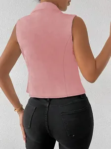 Detailed back view of a stylish pink sleeveless slim fit waistcoat with lapel collar