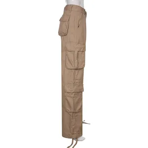 Detailed side profile of women's high-waisted khaki cargo pants featuring large utility pockets