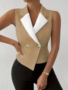 Sleeveless slim fit khaki blazer vest with white lapel and double buttons detail