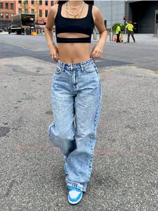 Women Wide Leg Jeans Mid Waist Acid Wash Snowflake Denim Pants Casual Streetwear Retro Baggy Cotton Jeans Bottom