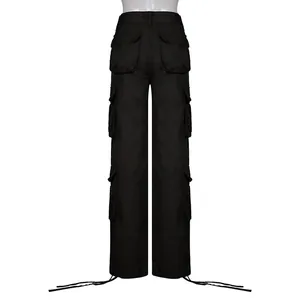Rear view of high-waisted black cargo pants with multiple flap pockets and wide leg