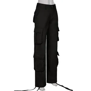 Side view of black high-waisted wide-leg cargo pants with pockets on mannequin