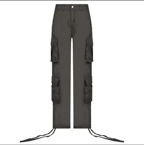 Front view of women's high-waisted dark grey cargo pants with multiple utility pockets