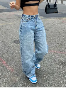 Women's high-waisted wide-leg snow wash denim jeans in light blue streetwear fashion