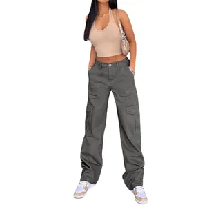 Women's stylish high-waist multi-pocket cargo pants in dark grey street fashion