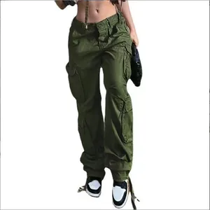 Close-up view of military green high-waist wide-leg cargo pants with large side pockets