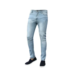 Classic men's light blue stretch skinny jeans featuring a slim fit and washed design.