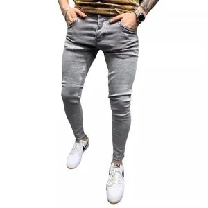 Men's high elasticity skinny fit denim jeans in light grey with classic slim leg design
