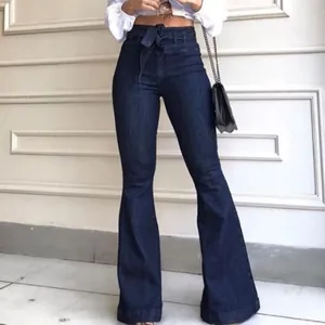Jean patte d'eph bleu foncé à taille haute avec ceinture à nouer pour femme