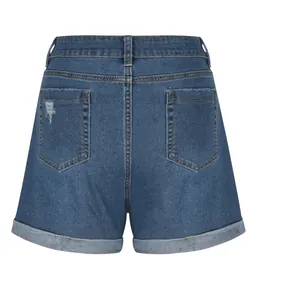 Women's blue denim shorts with rolled cuffs and distressed back pocket detail