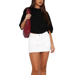 Chic white slim-fit denim mini skirt for women featuring high waist and vintage casual style