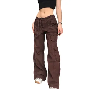 Pantalon cargo marron vintage à taille haute et jambe large pour femme avec poches