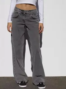Jean en denim gris délavé rétro à taille haute et jambe large pour femmes