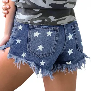 Women's High Waisted Star Print Denim Shorts Fringed Raw Hem Distressed Summer Casual Cotton Jean Shorts Blue Bottom