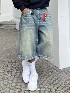 Unisex vintage washed wide-leg denim shorts featuring high street baggy street style fit