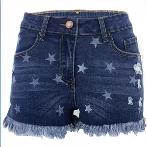 Women's trendy high-waist denim shorts featuring star print and stylish fringed hemline