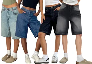 Detail view of women's denim bermuda shorts in four different washes and colors