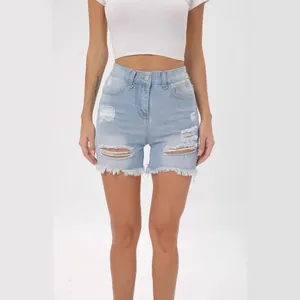 Pantaloncini di Jeans Distressed a Vita Alta da Donna Strappato Orlo Sfrangiato Vestibilità Slim in Cotone Lavato Estate