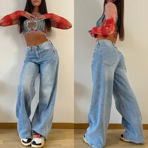 Jean en denim à jambe large et taille haute pour femme, style vintage, vue détaillée