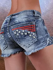 Detalle de pantalones cortos vaqueros para mujer con bordado de estrellas y rayas de EE. UU.
