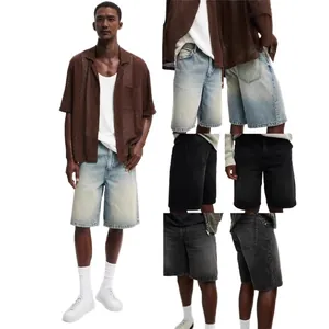 Multiple color options for men's loose denim shorts in light blue, black, and grey