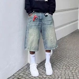 American Vintage Washed Denim Cropped Pants Men High Street Distressed Loose Wide Leg Straight Shorts Casual Baggy Jeans Bottoms