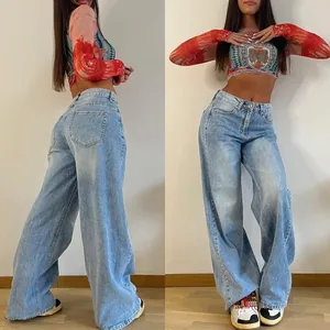 Jeans Taille Haute Jambe Large Vintage Américain pour Femmes Pantalons Droits en Denim de Coton Délavé pour Femmes Streetwear Fashion Bas