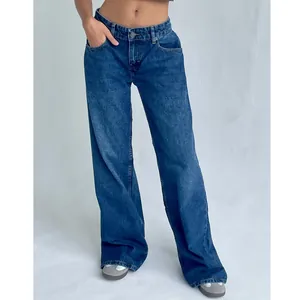 Jean rétro américain à taille basse et jambes larges délavé pour femme style urbain