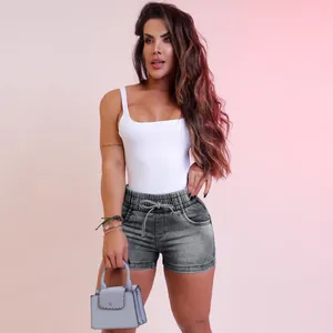 Short en jean gris taille haute pour femme avec cordon de serrage et taille élastique