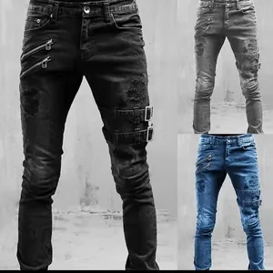 Pantaloni da Uomo Fashion Biker Skinny Jeans Distressed Ripped Denim Con Cerniere E Fibbie Punk Streetwear Slim Fit