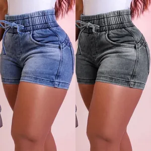 Short en Jean Taille Haute pour Femmes Coupe Ajustée Taille Élastique Cordon Été Décontracté Coton Mini Short Streetwear Bleu