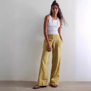 Women's trendy low-waist wide-leg denim pants in mustard yellow with a relaxed fit