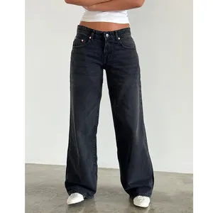 Front view of American vintage washed black wide-leg jeans for women with non-stretch fabric
